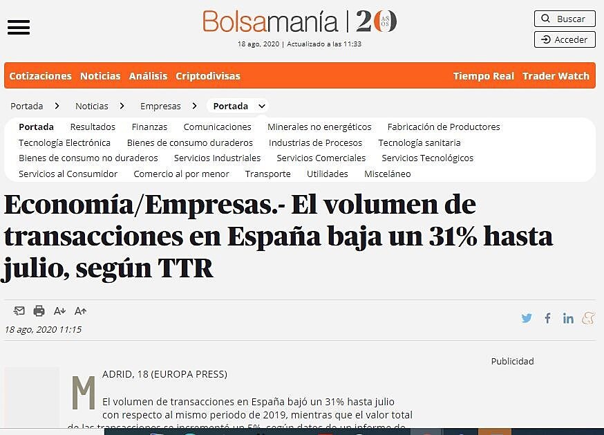 El volumen de transacciones en Espaa baja un 31% hasta julio, segn TTR